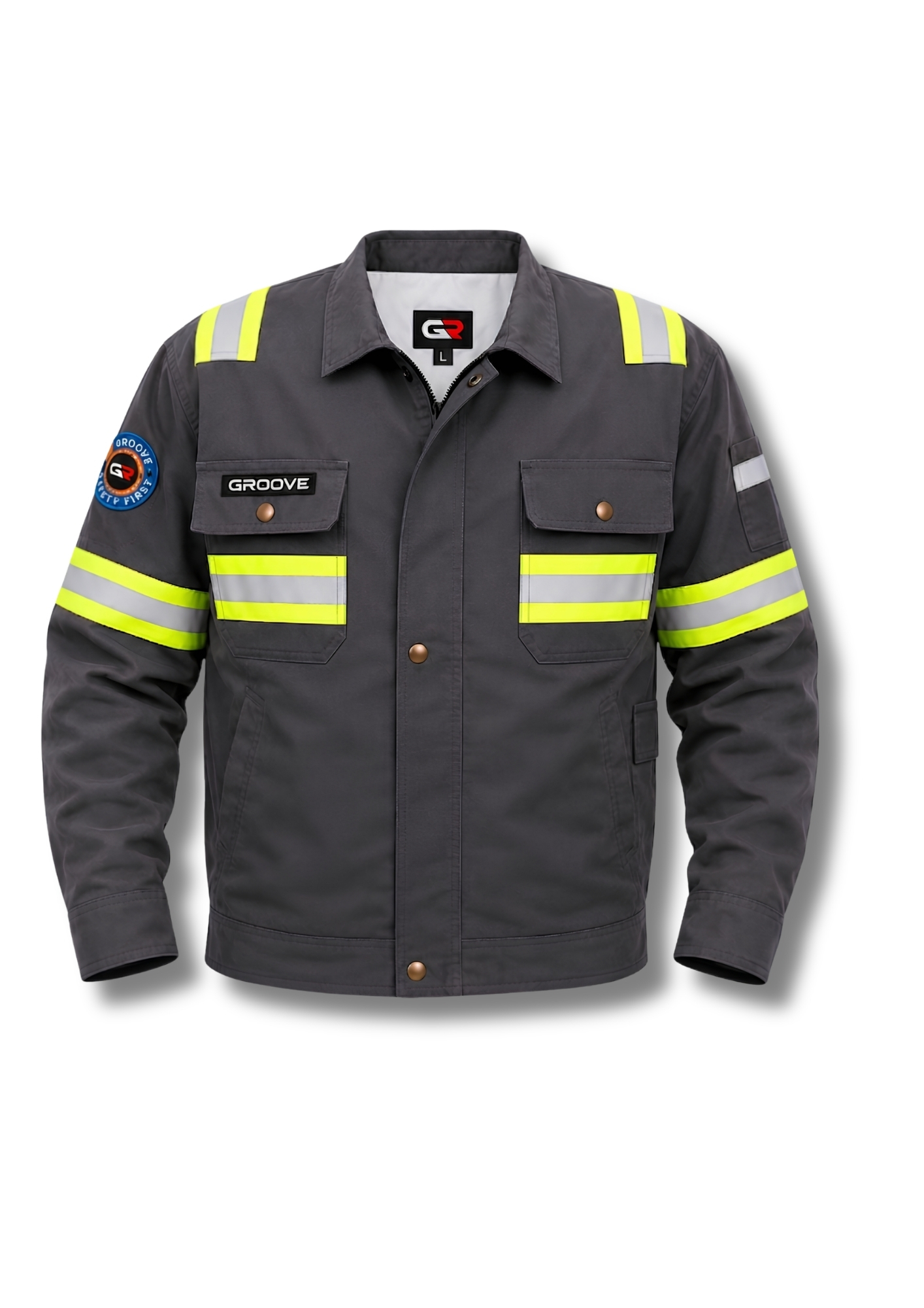 Groove Motorsports GR-2502 Premium Industrial Safety Jacket – High-Visibility Workwear Coat, Heavy-Duty Engineering & Construction Utility Apparel | Dark Grey & Fluorescent Lime Reflective Edition