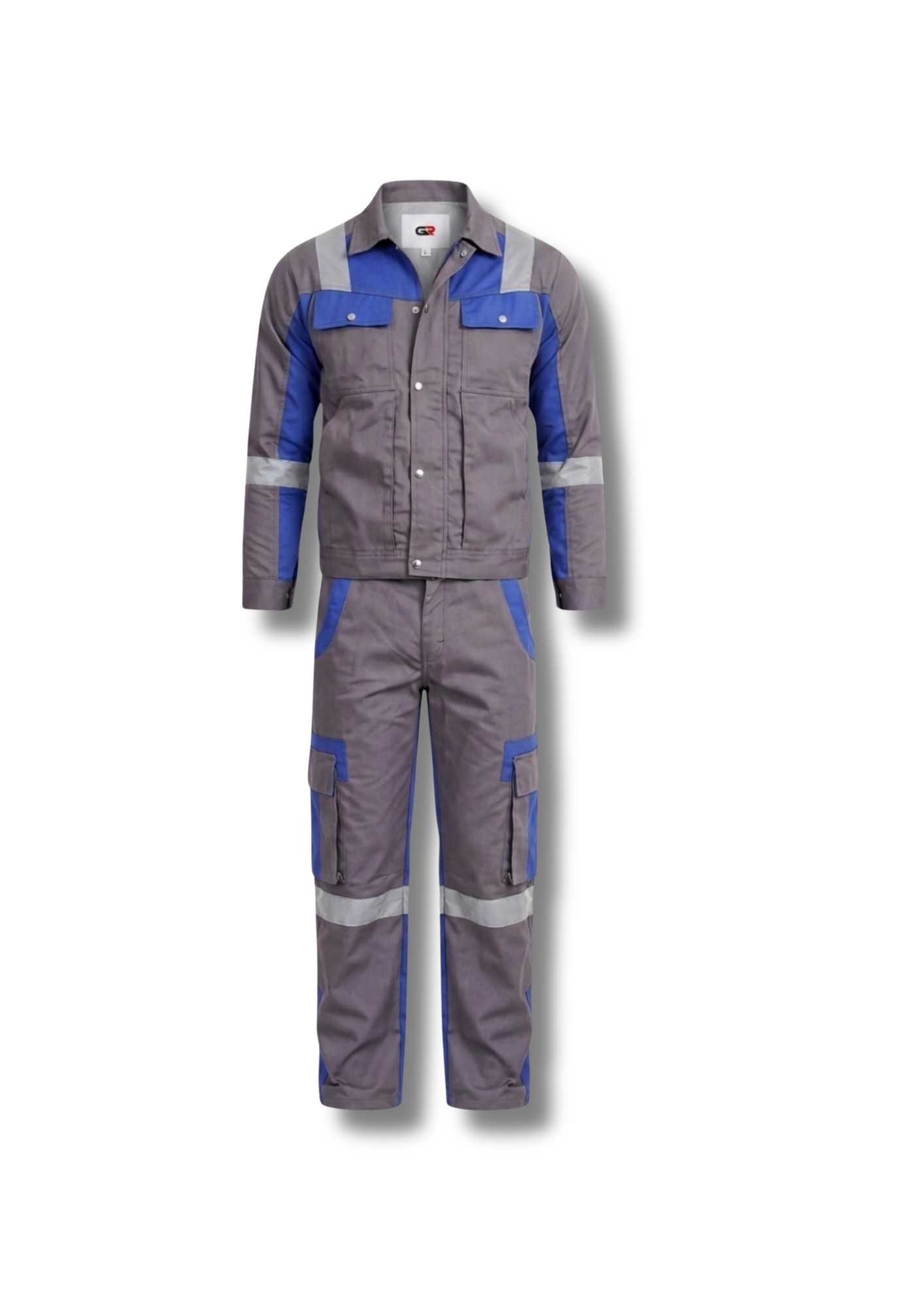 Groove Motorsports GR-2506 Premium Industrial Safety Suit – Heavy-Duty Workwear Coverall Uniform, Engineering, Workshop & Construction Protective Apparel | Two-Tone Grey & Royal Blue Reflective Edition