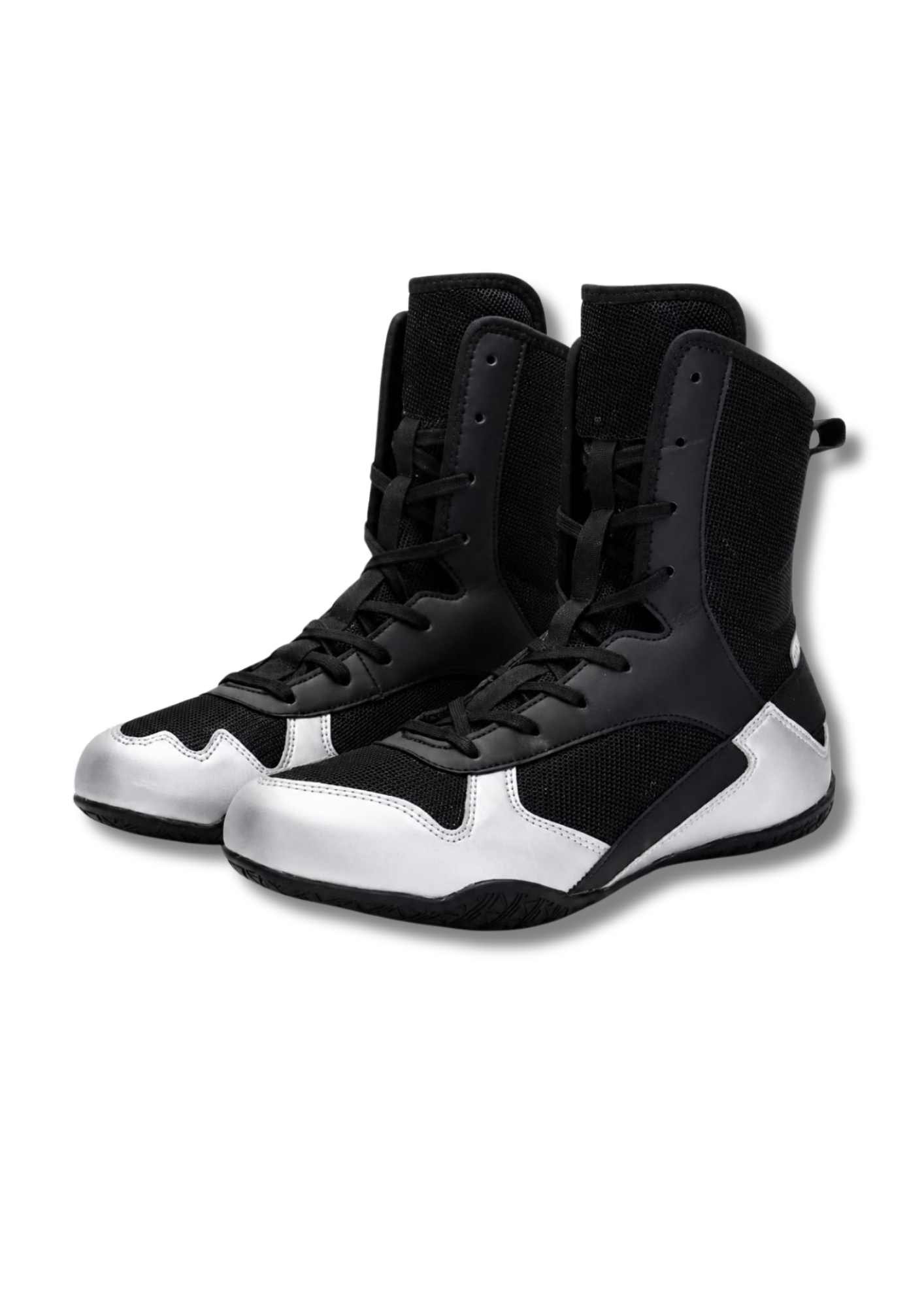 GR-2906 Professional High-Top Boxing Shoes – Lightweight Ring Combat Boots, Wrestling & Performance Training Footwear | Sleek Black & Metallic Silver Edition