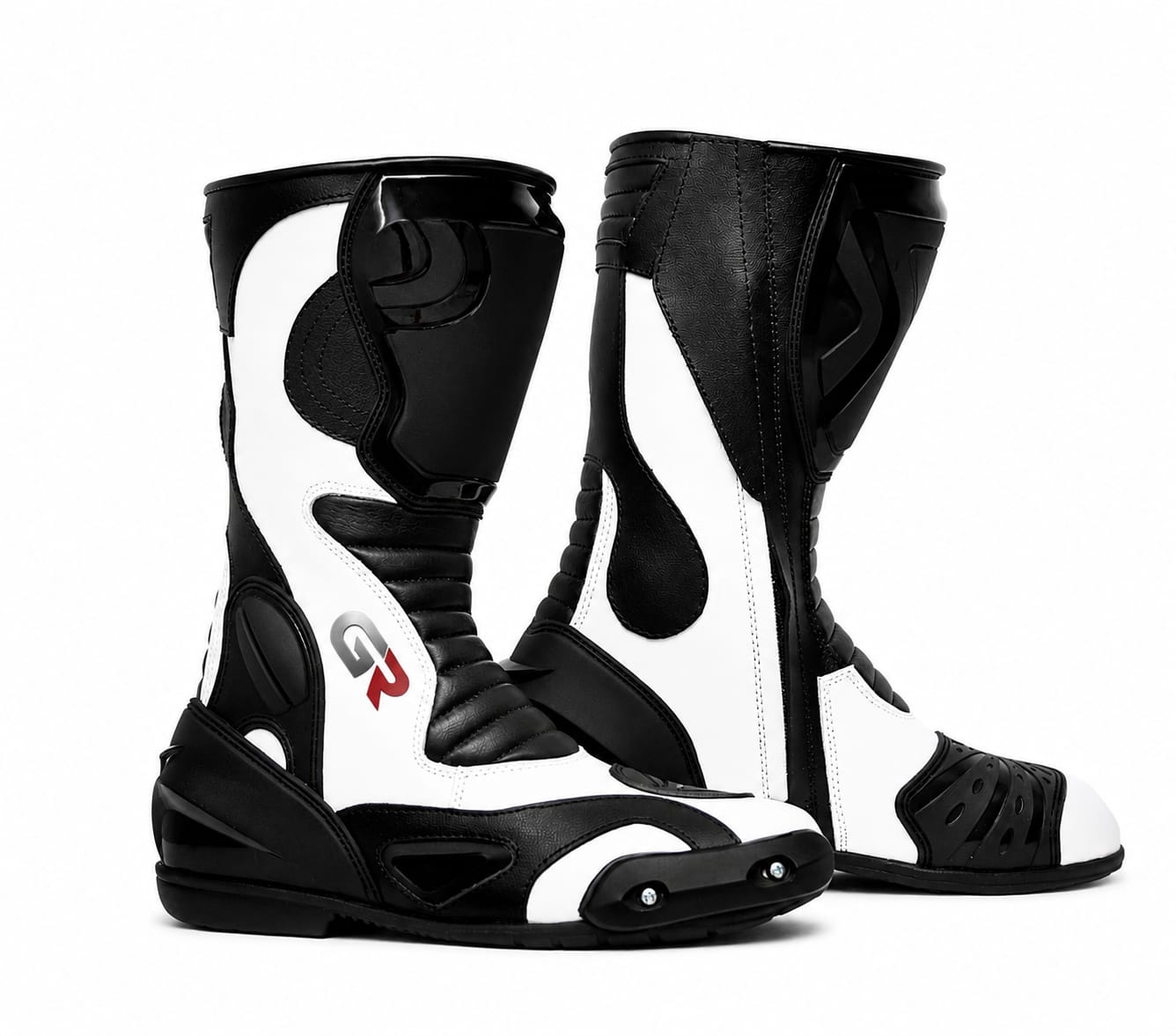 Groove Motorsports GR-3103 Professional Racing Motorcycle Boots – Heavy-Duty Track Protective Armor, Sportbike Riding & Touring Boots | High-Contrast Black & White Panel Edition