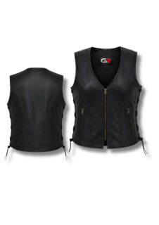 Groove Motorsports GR-902 Premium Café Racer Leather Vest – Heavy-Duty Women’s Cruiser Biker Vest, Side Lace Adjustable Motorbike Waistcoat & Princess Cut Fitted Custom Rider Vest | Vintage Black Edition