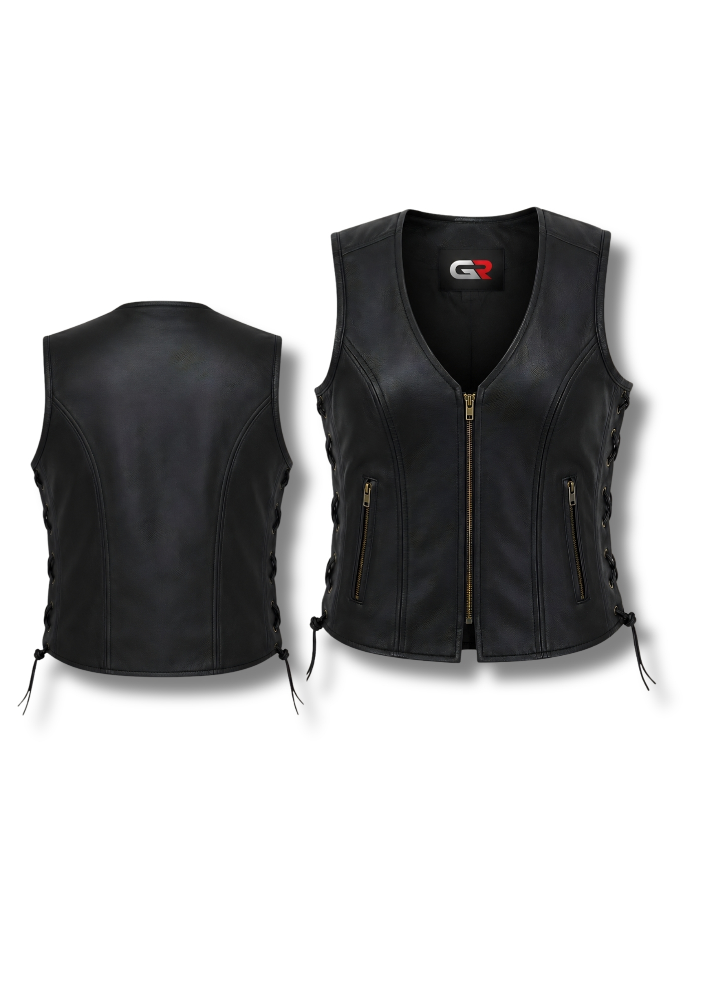 Groove Motorsports GR-902 Premium Café Racer Leather Vest – Heavy-Duty Women's Cruiser Biker Vest, Side Lace Adjustable Motorbike Waistcoat & Princess Cut Fitted Custom Rider Vest | Vintage Black Edition