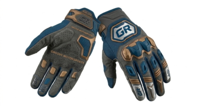 GR TitanX Motocross Gloves by Groove Motorsports in blue and gray color combination with reinforced knuckle protection, breathable mesh construction, anti-slip palm grip, flexible finger panels, and durable off-road racing design for motocross, ATV, enduro, and dirt bike riders.