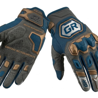 GR TitanX Motocross Gloves by Groove Motorsports in blue and gray color combination with reinforced knuckle protection, breathable mesh construction, anti-slip palm grip, flexible finger panels, and durable off-road racing design for motocross, ATV, enduro, and dirt bike riders.