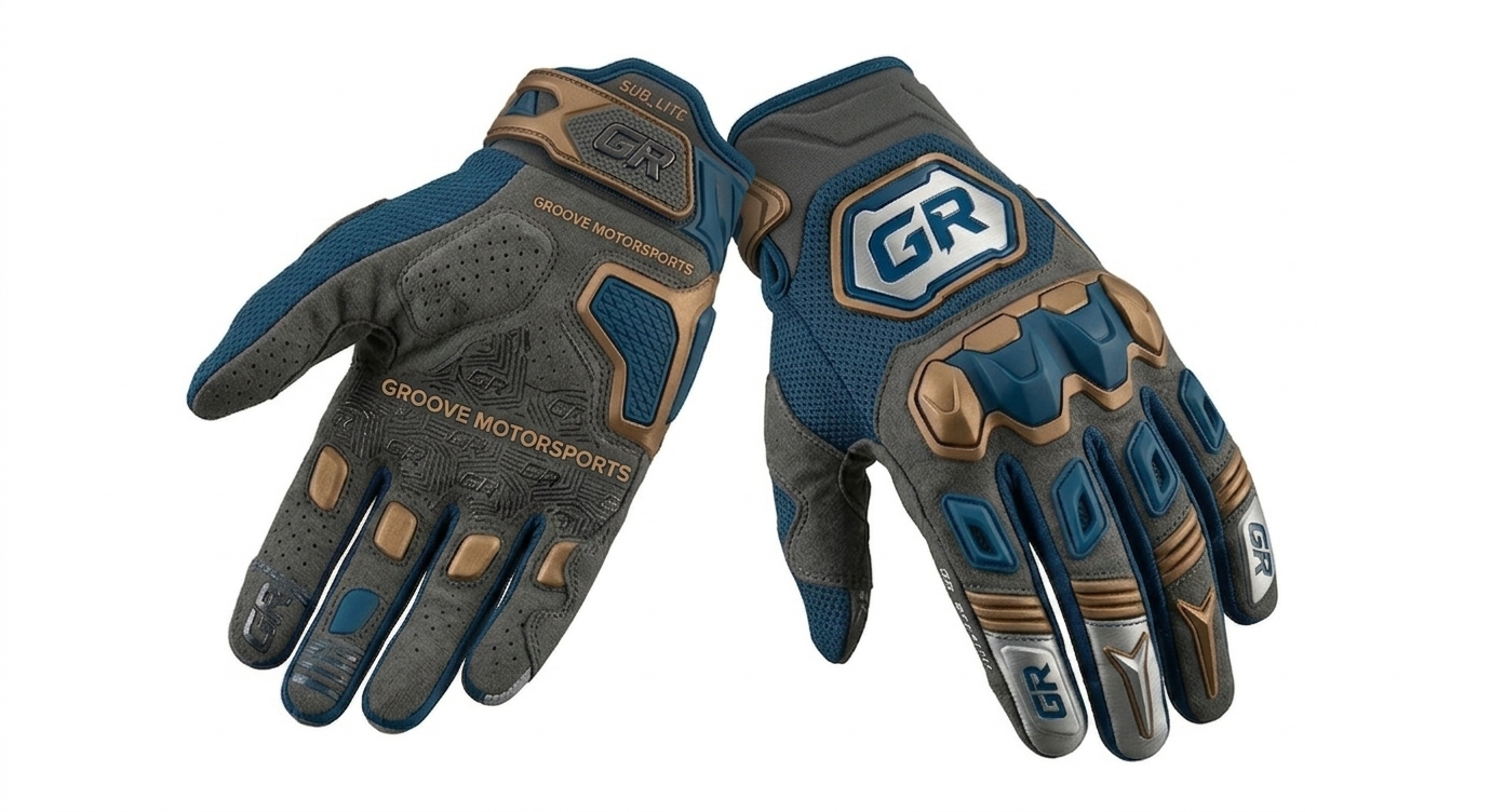 GR TitanX Motocross Gloves by Groove Motorsports in blue and gray color combination with reinforced knuckle protection, breathable mesh construction, anti-slip palm grip, flexible finger panels, and durable off-road racing design for motocross, ATV, enduro, and dirt bike riders.