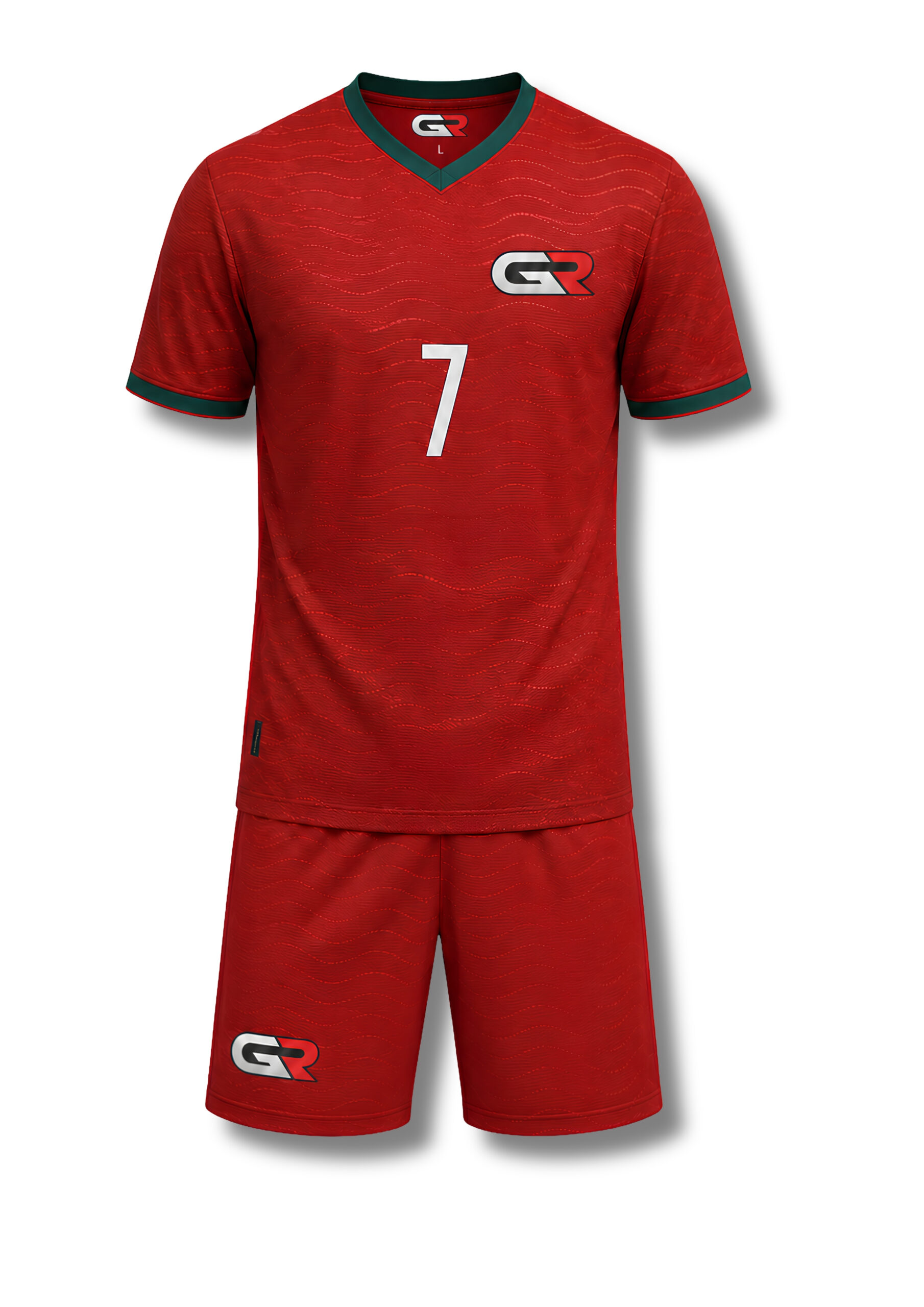 Groove Motorsports GR-3703 Performance Sports Kit – Lightweight Sublimated Team Jersey & Shorts Set, V-Neck Athletic Uniform with Wave Jacquard Pattern | Crimson Red & Forest Green Edition