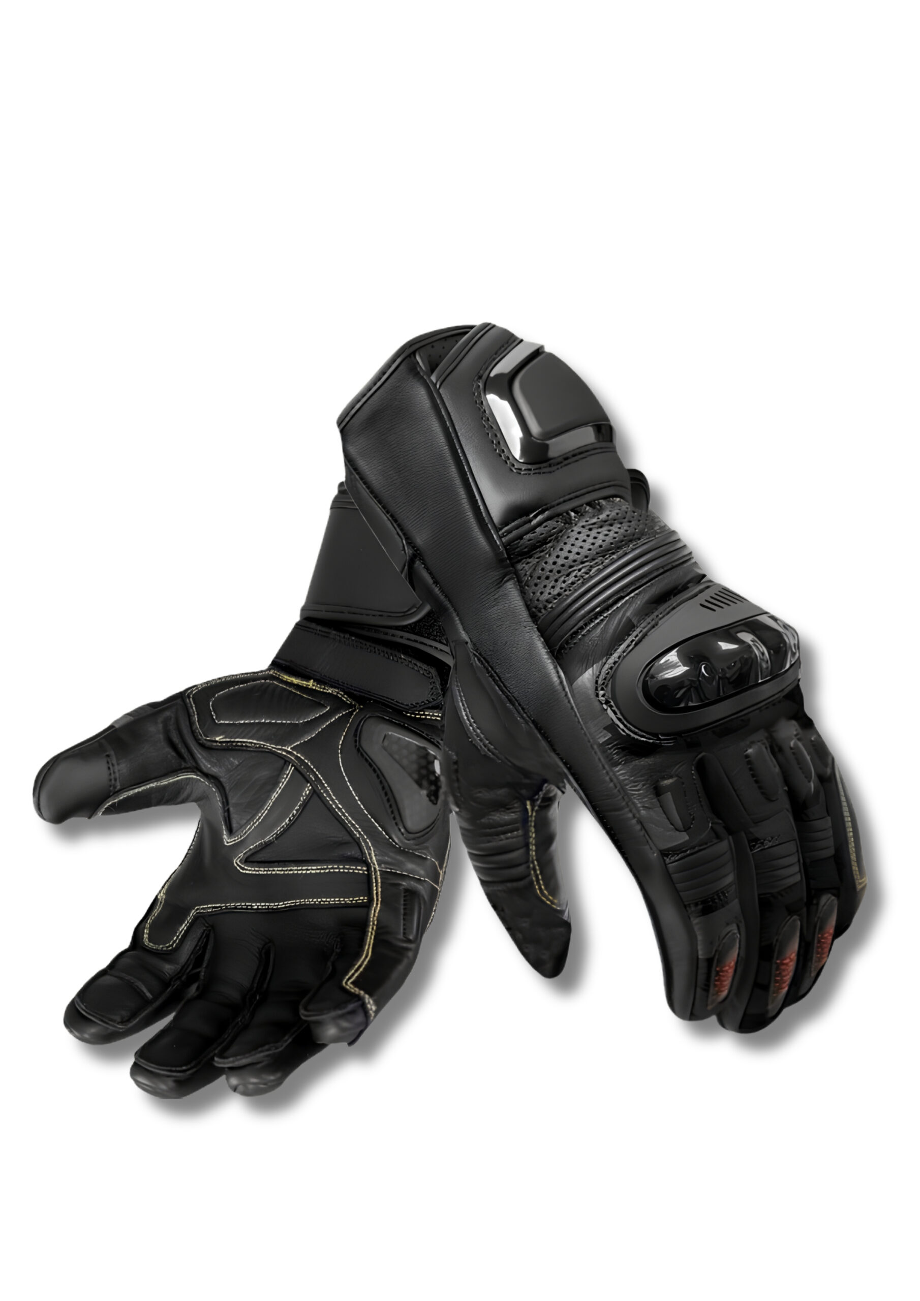 GR-VORTEX Racing Leather Motorbike Gloves – Premium Full Gauntlet Track Gloves, Perforated Leather, Molded Knuckle Protection & Carbon Palm Sliders | Carbon & Stealth Black Edition