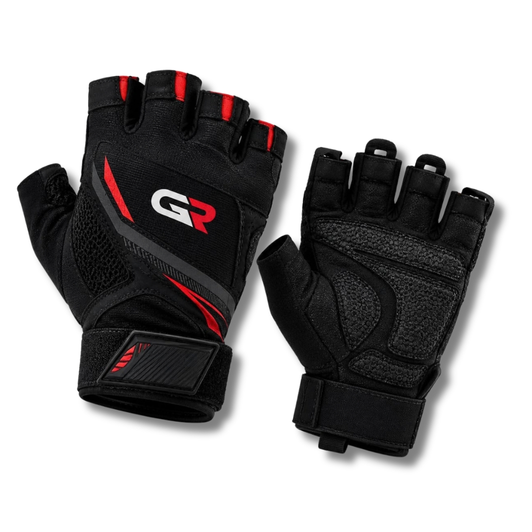 GR-3902 Fingerless Tactical Airsoft Gloves – Half-Finger Airsoft Gear, Padded Anti-Slip Palm Matrix & High-Dexterity Wrist Strap | Stealth Black & Crimson Red Edition