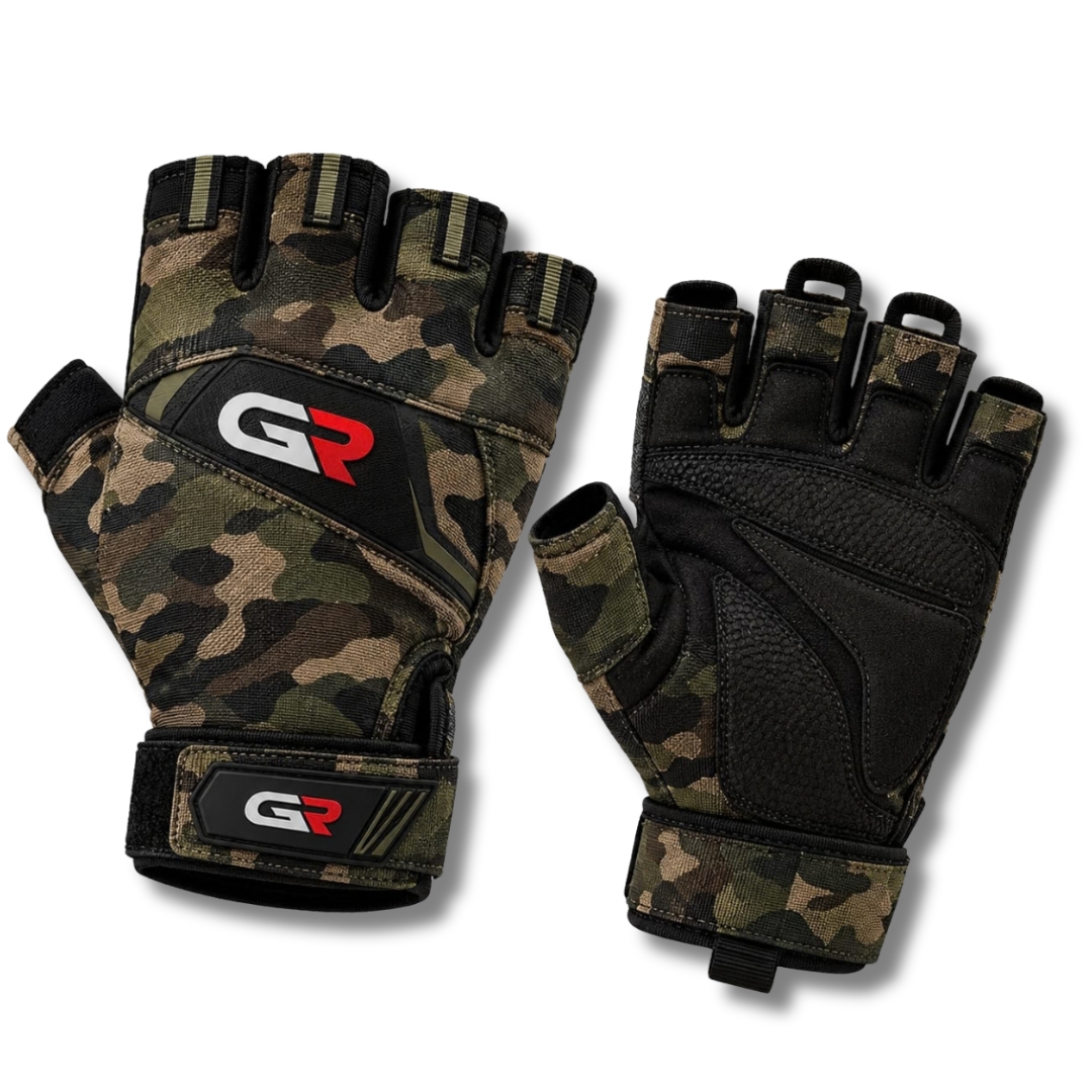 GR-3903 Camo Fingerless Tactical Airsoft Gloves – Half-Finger Woodland Camouflage Airsoft Gear, Padded Anti-Slip Palm Matrix & High-Dexterity Support Strap | Tactical Woodland Camo Edition